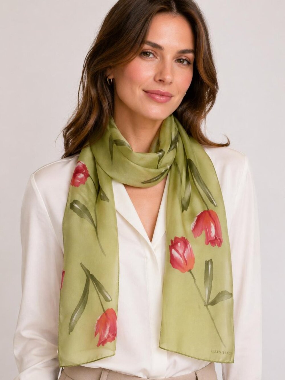 Ellen Tracy Silk Chiffon Scarf Tulip Print Sheer Green Long Rectangle